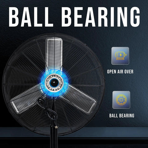 Beefy 30 Inch High Velocity Pedestal Fan With 8850 CFM Industrial Airflow Non Oscillating Stand Fan front view showing ball bearing.