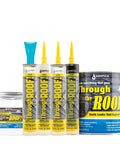 All Weather Clear Roof Sealant 10.5 Oz Cartridge Pack Of Twelve Waterproof Leak Stopper For Shingles And Flashing adhesive tubes and container.