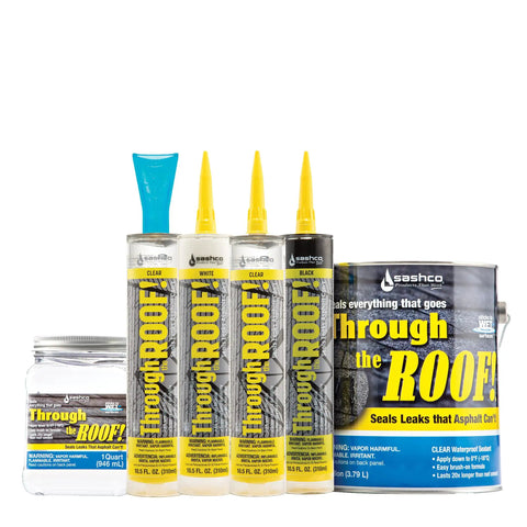 All Weather Clear Roof Sealant 10.5 Oz Cartridge Pack Of Twelve Waterproof Leak Stopper For Shingles And Flashing adhesive tubes and container.
