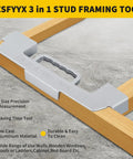 Heavy Duty 3 In 1 Framing Tool With 12 14 16 Inch On Center Stud Layout Gauge Made From Solid Cast Aluminum placed on lumber.