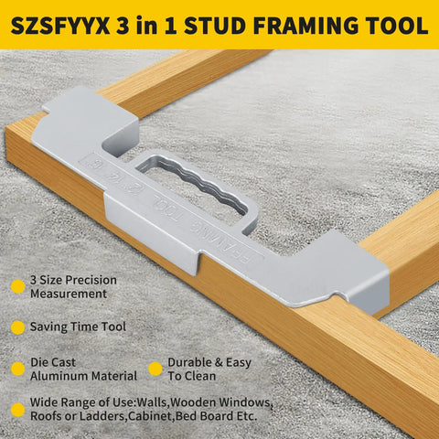 Heavy Duty 3 In 1 Framing Tool With 12 14 16 Inch On Center Stud Layout Gauge Made From Solid Cast Aluminum placed on lumber.
