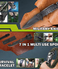 17 In 1 Survival Kit For Men And Outdoor Adventurers with knife, spork, and bracelet tools on display