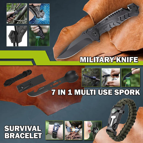 17 In 1 Survival Kit For Men And Outdoor Adventurers with knife, spork, and bracelet tools on display