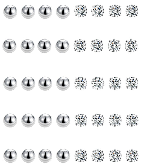 20 Pair 20G 2mm Tiny Stud Earrings Set In 316L Stainless Steel With CZ Ball Studs And Steel Ball Designs For Men And Women Daily Wear Friendly Multipack With Eye Catching Shine And Durable Affordable Earring Set, shown with ball and CZ studs