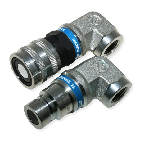 TL Topline 1/2 in NPT flat-face hydraulic quick-connect couplers with 90° elbow, ISO 16028, dust caps (pair)