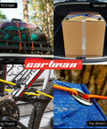 30 Piece Bungee Cord Set In Carry Bag With 10 18 24 32 40 Inch Elastic Cords 8 Inch Canopy Tarp Ball Ties in use on car and bike