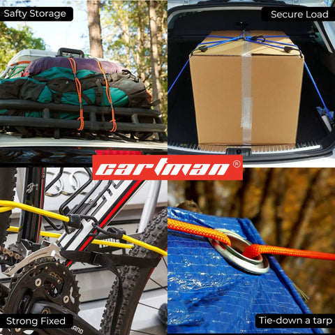 30 Piece Bungee Cord Set In Carry Bag With 10 18 24 32 40 Inch Elastic Cords 8 Inch Canopy Tarp Ball Ties in use on car and bike