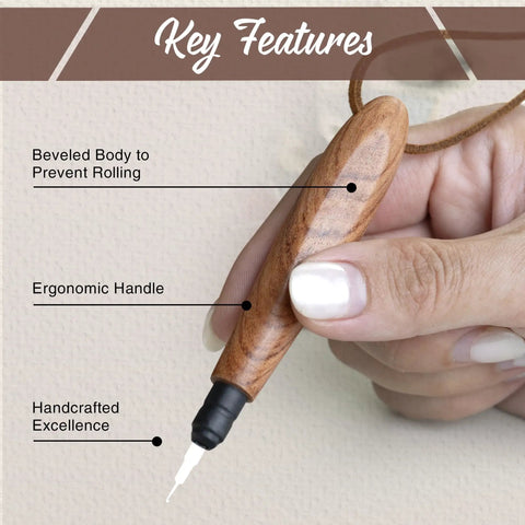 Close-up of ergonomic wooden needle threader with extended stainless hook, showing handle and features for hand sewing.