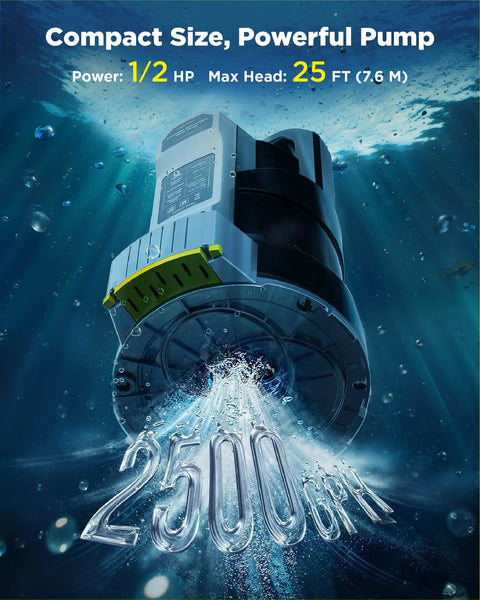 Auto Sump Pump With Half HP Submersible Motor 2500 GPH Capacity displayed underwater