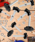 28 Sets M4 M5 M6 M8 Star Hand Knob Tightening Screws With Nuts And Washers Stainless Steel Thread Clamping Knobs on wood surface