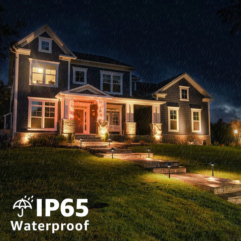 LED Landscape Lighting Kit With 120W Transformer And 10 FastLock2 Wire Connectors 4 Path Lights And 6 Landscape Spotlights at night