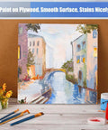 Basswood plywood sheet with a painted canal city scene; natural unfinished wood, 12x12 inch.