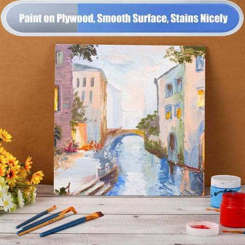 Basswood plywood sheet with a painted canal city scene; natural unfinished wood, 12x12 inch.