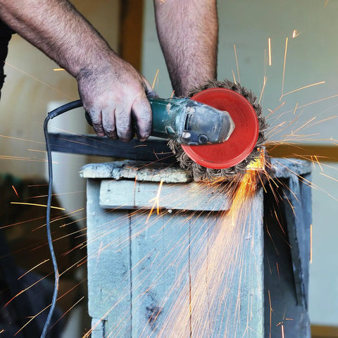 6 Piece Angle Grinder Wire Wheel Set With 4.5 Inch And 4 Inch Knotted Coarse Crimped Wheels Five Eighths Inch Eleven Threaded Arbor Built Tough in action