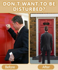 Comparison of two scenes with a man at a red door; includes a No Soliciting Sign For Front Door Self Adhesive Vinyl Modern Sign