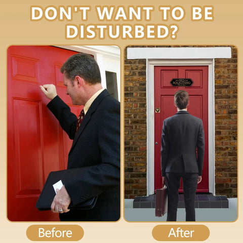 Comparison of two scenes with a man at a red door; includes a No Soliciting Sign For Front Door Self Adhesive Vinyl Modern Sign