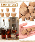 Natural Cork Stoppers Set For Glass Bottles 36 Pieces With Six Handy Sizes Tapered Cork Plugs For Wine Bottles, displayed with bottles and in hand.