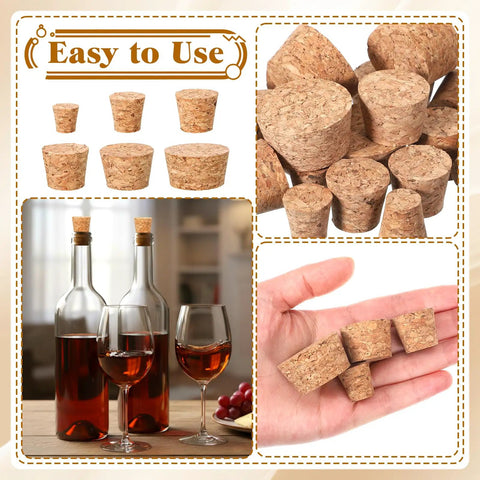 Natural Cork Stoppers Set For Glass Bottles 36 Pieces With Six Handy Sizes Tapered Cork Plugs For Wine Bottles, displayed with bottles and in hand.
