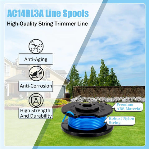 11Ft 0.065 Inch Trimmer Line Replacement Spool For Cordless Weed Eater Compatible With Ryobi One Plus AC14RL3A And 18V 24V 40V Models Beefy Durability Easy Load High Performance String For Lawn Care displayed on grass with nylon string and ABS material.