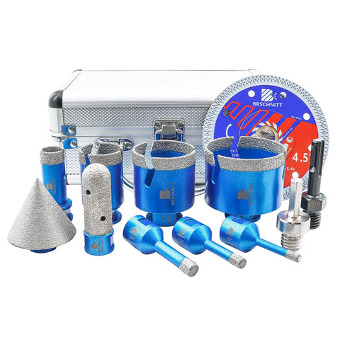 Top Shelf Diamond Core Drill Bit And Tile Hole Saw Kit Featuring Slick Segmented Blades For Precision Cutting Porcelain Ceramic Marble Granite Masonry Complete Multi Size Set With Quick Chamfer Tool For No Sweat Wet Or Dry Jobs showing drill bits and storage case.