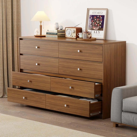 Wooden dresser with open drawers in a living room, featuring 100 Pack Brushed Nickel Cabinet Knobs Round Aluminum Alloy Kitchen Drawer Knobs.