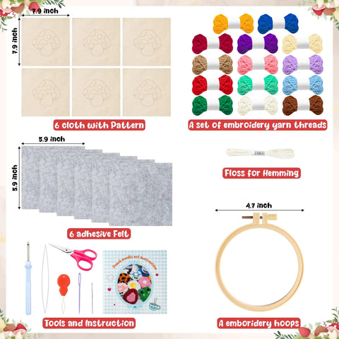 Punch Needle Coaster Kit For Beginners Six Piece Set With DIY Mushroom Pattern, colorful yarns, felt, embroidery hoop, tools included