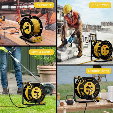 Open Cord Reel Organizer With Four Grounded Outlets And Dual USB Ports used in workshops, job sites, gardens, and outdoor areas