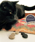 Black cat lying on a colorful rug near Hella Durable Self Adhesive Felt Pads Black Round Furniture Glides.