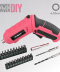 Slick 4V Usb Rechargeable Electric Screwdriver And 41 Piece Tool Kit With Swivel Handle And Bright Led For No Sweat Diy Repairs And Furniture Assembly Jobs Pink, featuring a pink electric screwdriver and various drill bits.