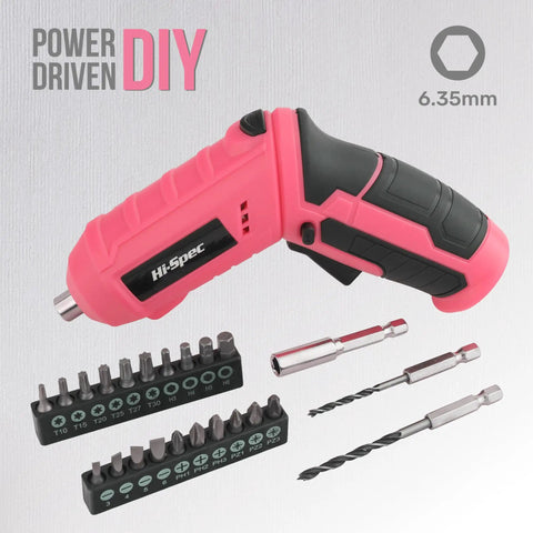Slick 4V Usb Rechargeable Electric Screwdriver And 41 Piece Tool Kit With Swivel Handle And Bright Led For No Sweat Diy Repairs And Furniture Assembly Jobs Pink, featuring a pink electric screwdriver and various drill bits.