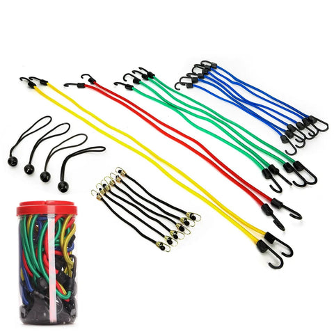 Beefy 24-Piece Bungee Cord Set in Storage Jar with 10, 18, 24, 32, 40 inch cords and 8 inch canopy ties in various colors