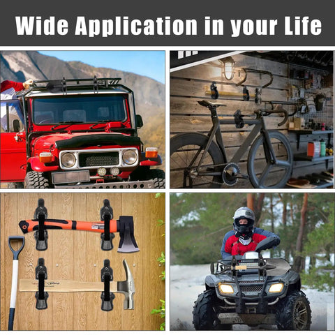 Image showing use of Roof Rack Shovel Mount Kit With Metal Rubber Clamp Brackets for SUVs, bikes, tools, and ATVs.