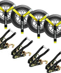 Four Pack Beefy Car Tie Down Straps For Trailers Two Inch By Ninety Six Inch With 9900 Lbs Break Strength Tire Ratchet Straps With J Finger Hooks