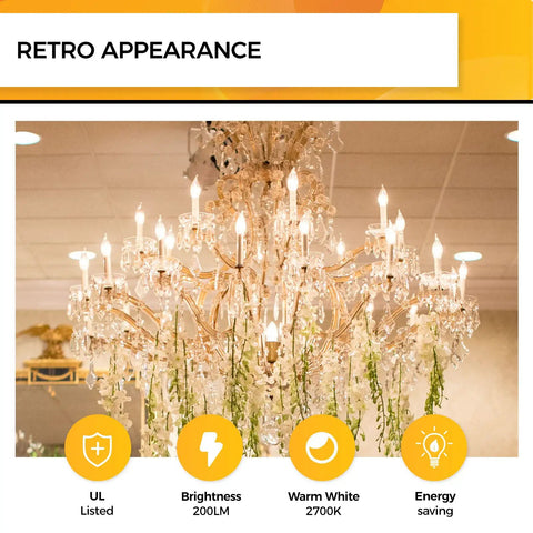 Large chandelier with 25 Watt E12 LED Candle Bulbs Dimmable 2700K Soft Warm White CA10 Flame Tip