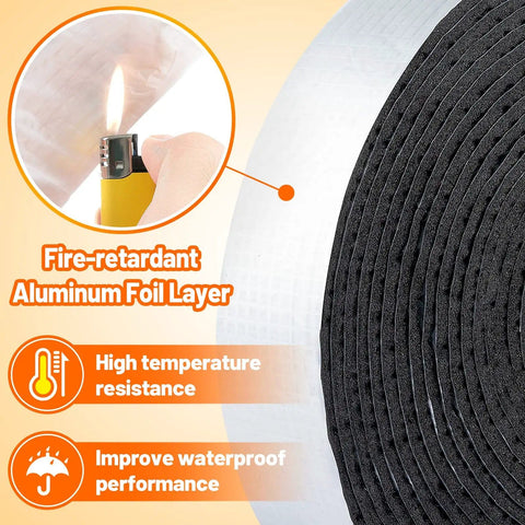 Close-up of 32.8 Ft Pipe Insulation Tape Wrap With Aluminum Foil Self Adhesive Foam, highlighting fire-retardant aluminum layer and features.