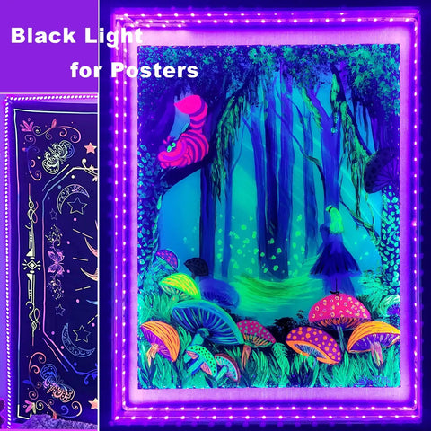 6.6ft Black Light LED Strip With 120 LEDs USB Powered glowing on colorful forest poster for indoor decor
