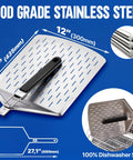 Perforated Pizza Peel 12 Inch With 10 Inch Folding Handle Stainless Steel Spatula Paddle For No-Fuss Pizza Transfer And Easy Storage Space Saving Outdoor Pizza Oven Accessory showing its dimensions and food-grade material.