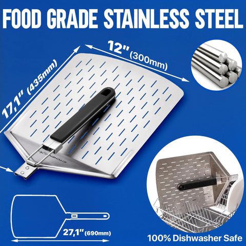 Perforated Pizza Peel 12 Inch With 10 Inch Folding Handle Stainless Steel Spatula Paddle For No-Fuss Pizza Transfer And Easy Storage Space Saving Outdoor Pizza Oven Accessory showing its dimensions and food-grade material.