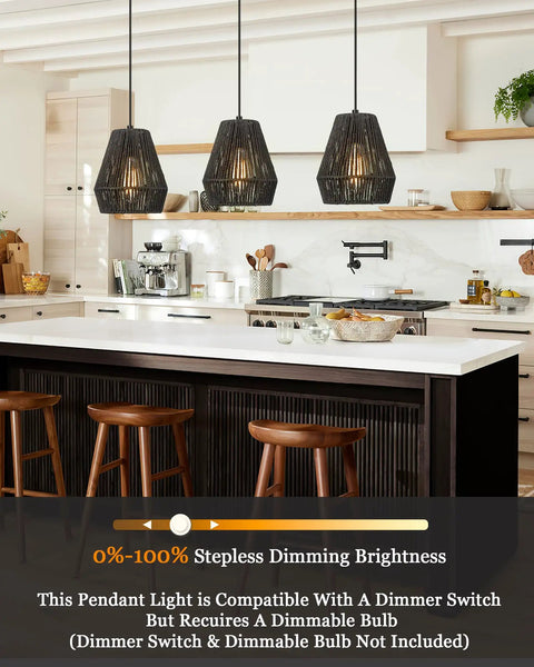Modern Woven Pendant Light Fixtures Set Of 3 7 Inch Matte Black Dope Boho Farmhouse Coastal Hanging Lamps over kitchen island