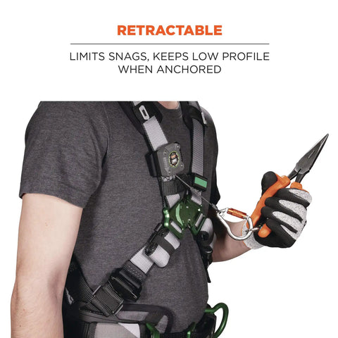Person wearing safety harness with Retractable Tool Lanyard With Locking Carabiner For Belt Or Harness, Gray, attached to snips.