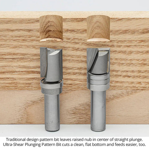 Top Shelf Carbide Tipped Plunging Template Router Bit 3 Piece Set 1/2 Shank 1-1/8 Cut Diameter shown cutting wood grooves