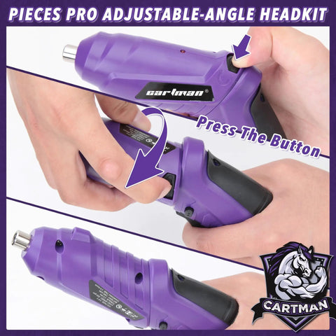Close-up view of a purple cordless screwdriver from the 149 Piece Tool Set with operational instructions visible.