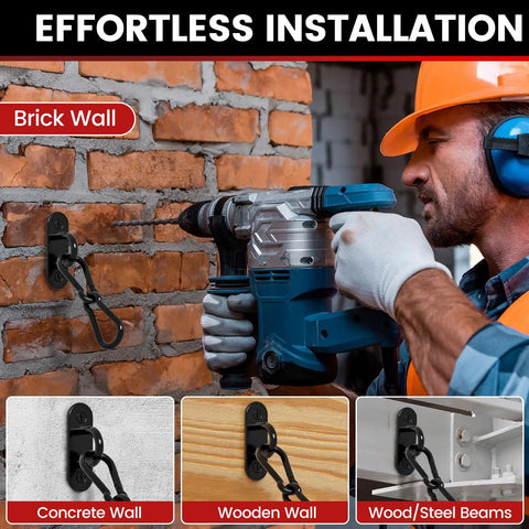 304 Stainless Steel Pad Eye Hooks Set Of 8 For Ceiling Hammock Swing And Plant Hangers shown on brick wall with drill