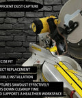 Dust Collection Adapter For 12 Inch Sliding Miter Saws With Vacuum Hose Connector shown installed on DeWalt saw