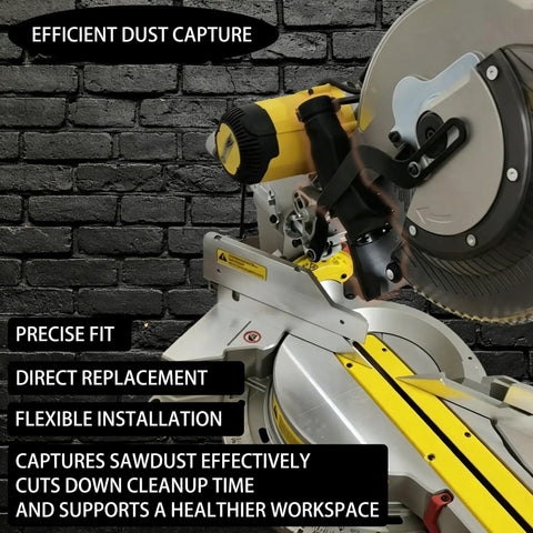 Dust Collection Adapter For 12 Inch Sliding Miter Saws With Vacuum Hose Connector shown installed on DeWalt saw