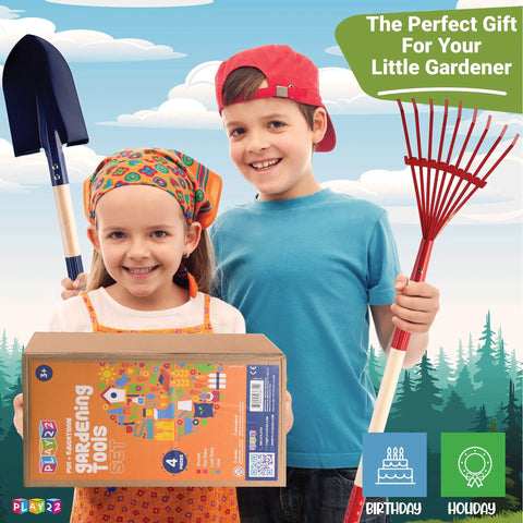 Kids with Kids Garden Tool Set 4 Piece Shovel Rake Hoe Leaf Rake Wooden Gardening Tools For Kids Outdoor Toy. Perfect gift.