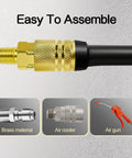 Two-pack brass M-style 1/4-inch NPT air couplers with knurled gold fittings on a black hose