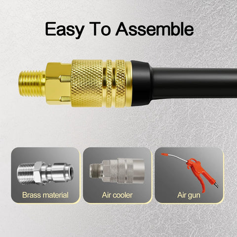 Two-pack brass M-style 1/4-inch NPT air couplers with knurled gold fittings on a black hose