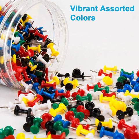 Top Shelf Bulk Push Pins For Bulletin Boards And Cork Walls, Sharp Steel Thumb Tacks With Easy Grip Heads, Multicolor office choice scattered from clear jar.