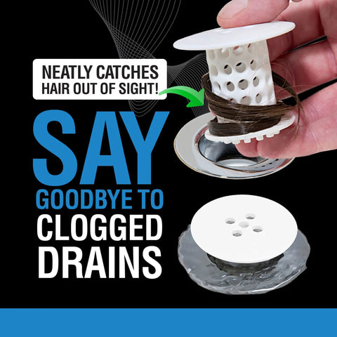 Inside Drain Tub Strainer And Hair Catcher For Bathtubs, Fits Standard 1.4 To 1.75 Inch Drains, held by hand showing trapped hair.